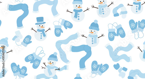 Cute Snowman Pattern: Winter Scarves and Mittens Seamless Background