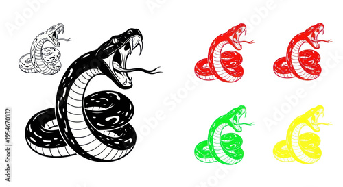 Aggressive Cobra Snake Illustration in Multiple Colors and Styles
