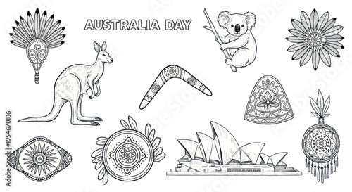 Australia Day Celebration Icons: Kangaroo, Koala, Sydney Opera House, Boomerang, Indigenous Art