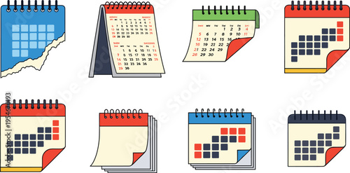 Calendar and Planner Icon Set with Monthly Schedules, Desk Calendars, Date Pages, and Time Management Symbols for Organization, Planning, and Productivity Design
