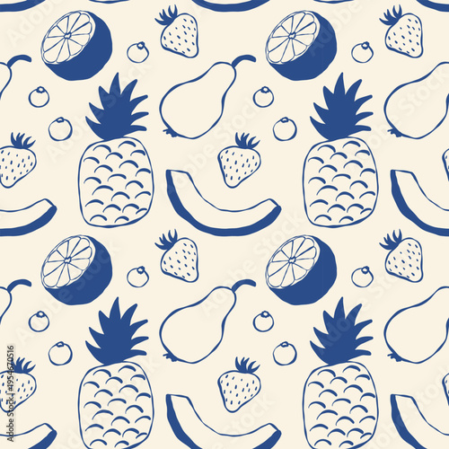 Blue line art shows tropical fruit pattern on cream background. Pineapples, pears, strawberries, and citrus slices repeat seamlessly. Simple design ideal for food, fashion, or packaging projects