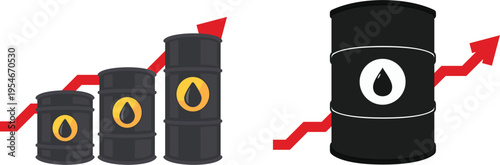 price hike graphic, black barrels and upward red arrow on gray finance chart, global fuel price trend concept