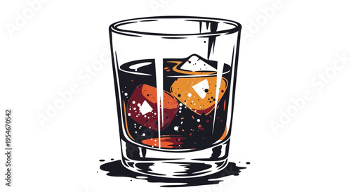 Glass of dark liquid with ice cubes illustration
