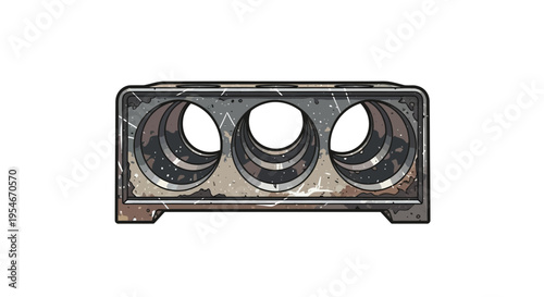 Industrial metal object with three circular openings, textured surface