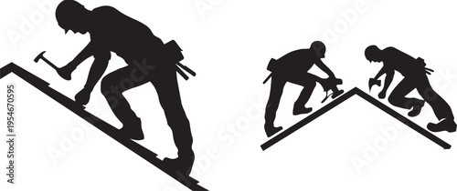 House roof repair silhouette, roofer with hammer and safety helmet, chimney visible