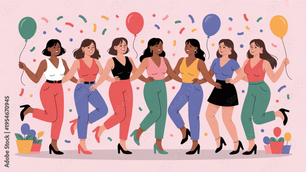 Fototapeta premium Diverse group of women celebrating together with colorful balloons and confetti in festive atmosphere