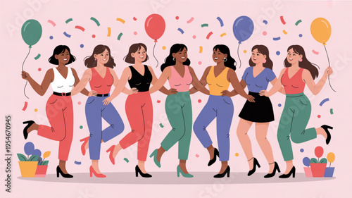 Diverse group of women celebrating together with colorful balloons and confetti in festive atmosphere
