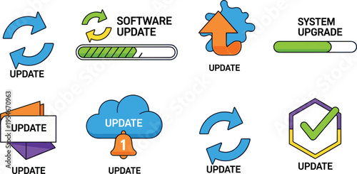 Software Update Icon Set with System Upgrade, Refresh Arrows, Progress Bars, Cloud Update, Notification Bell, and Security Check Symbols for Technology Design