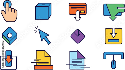 User Interface Interaction Icon Set with Click, Upload, Download, Cursor, File, and Navigation Symbols for Web, App, and Digital System Design