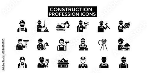 A set of simple minimalist graphic construction profession icons illustrating various building industry worker roles vector illustration for websites and applications.
