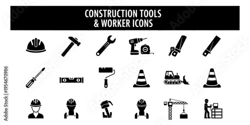 A professional minimalist collection of black and white construction worker icons and building tools for industrial design projects.