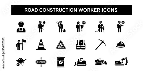 A set of minimalist functional road construction worker icons and equipment silhouettes on a clean white background