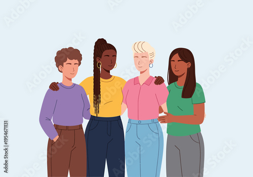 Diverse Group of Young Women Standing United in Friendship and Support, Celebrating Community and Empowerment Together