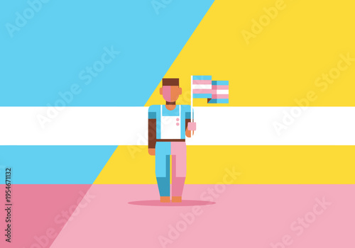 Colorful flat illustration of an individual standing with a transgender pride flag, embodying gender identity, diversity, and the spirit of social acceptance and equality for everyone