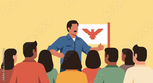 Vibrant illustration depicting a community leader or public speaker addressing a diverse group, promoting dialogue and collective action with a symbolic flag backdrop
