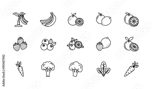 Grid-based fruit and nutrition icon pack including banana tree and healthy foods