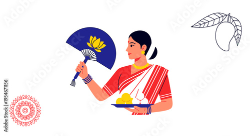Elegant illustration of an Indian woman in a traditional saree, holding a lotus fan and a plate of delectable sweets, embodying cultural grace and warm hospitality