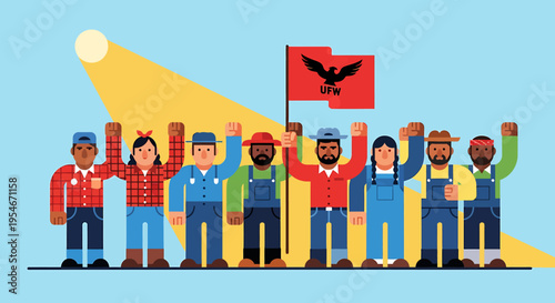 Diverse group of laborers stands united under a spotlight, raising fists in a powerful display of solidarity and collective action for workers' rights and fair treatment