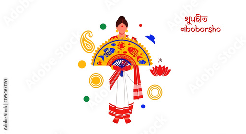 Stylized illustration of a woman adorned in traditional Indian attire, holding a vibrant, decorative hand fan, surrounded by cultural motifs