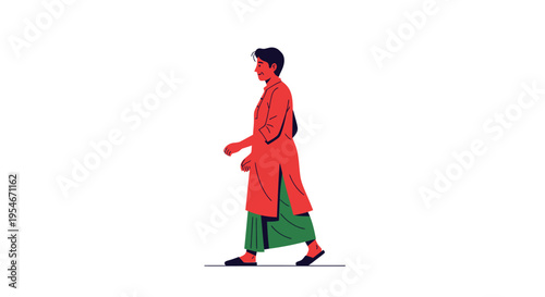Vibrant vector illustration of a person with short hair walking, dressed in a traditional red tunic and green lower garment, depicting cultural fashion and active movement