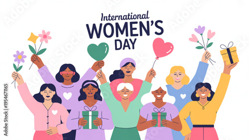 Diverse women celebrate international women's day with flowers gifts and hearts symbolizing unity and empowerment