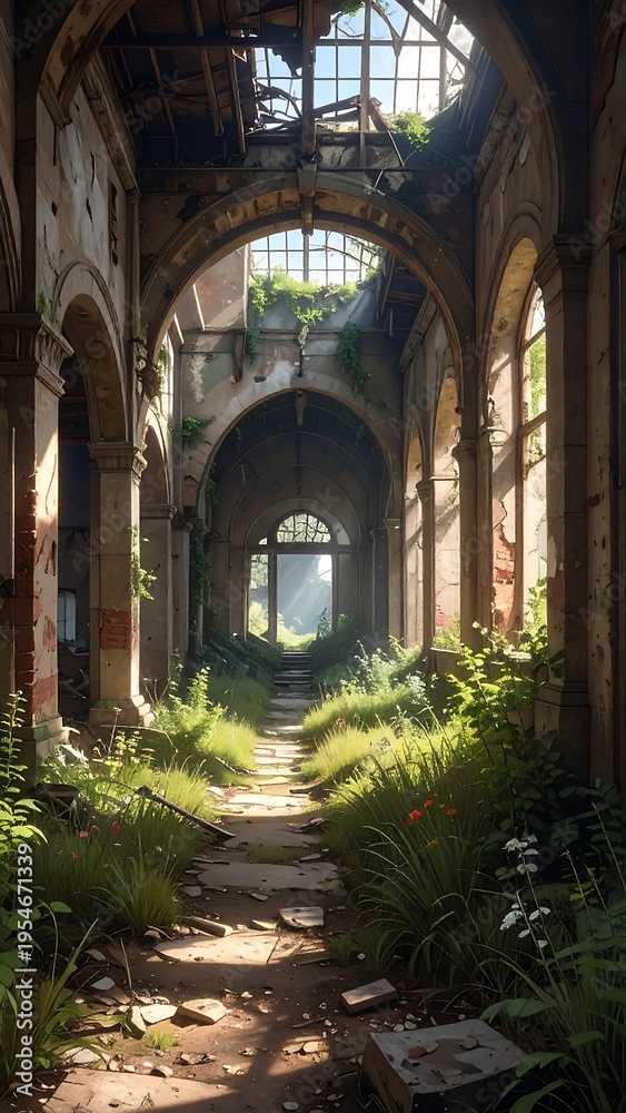 Obraz premium Abandoned building interior with overgrown vegetation and natural light