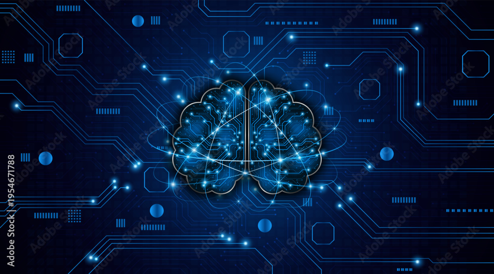 Obraz premium The concept of brain circuit technology. A circuit board of an artificial electronic neural network. Future digital learning.