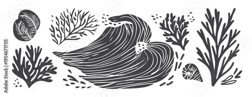 Black and white linocut set with a large ocean wave, corals, and seashells. Hand-drawn woodcut illustration isolated on white. Organic marine elements for summer nautical design and decor