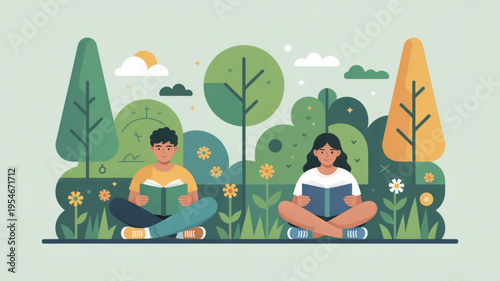 Two people sitting in a serene park reading books on a sunny day with trees and flowers