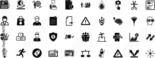 A comprehensive collection of diverse black and white icons representing business and technology