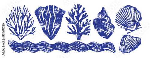 Vintage hand-drawn marine collection with coral, seashells and waves. Blue ink woodcut texture. Nautical elements for coastal design. Ocean vintage stamps.  Shell set isolated on white background