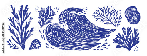 Blue linocut seashell, coral and seaweed set. Handmade woodcut print, oyster and mussel collection. Marine vintage stamp, vector illustration. Vintage hand-drawn nautical elements for coastal design