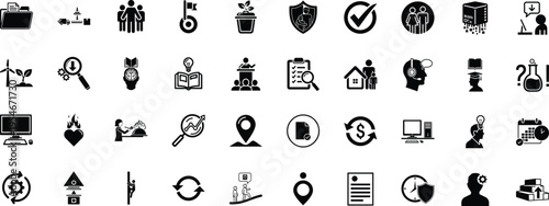 A comprehensive collection of diverse black and white icons representing business and technology