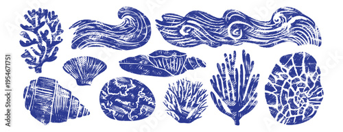 Vintage blue linocut set featuring seashells, ocean waves, and coral. Hand-drawn marine elements in woodcut style isolated on white. Perfect for coastal summer decor and nautical graphic designs