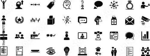 A comprehensive collection of diverse black and white flat vector icons for business and interface