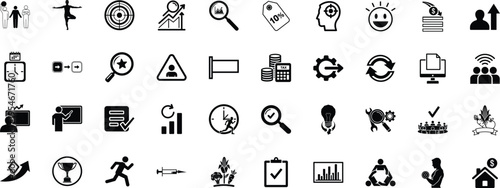 A comprehensive collection of diverse black and white business and lifestyle vector icon designs