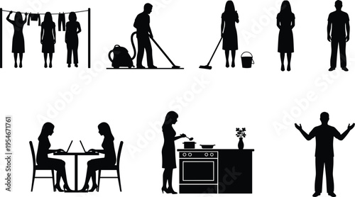 Domestic activity silhouette illustration, household chores and daily life icons, cooking cleaning working artwork for lifestyle design