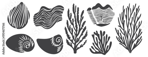 Linocut set of seashells, corals, and waves. Isolated vector silhouettes in a woodcut style for nautical branding, summer decor, and sticker design. Minimalist black and white elements