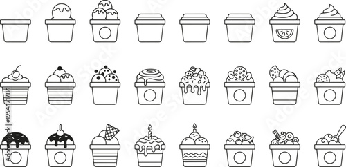 Dessert cup illustration set, ice cream progression with toppings, stylized culinary artwork design for food pattern graphics