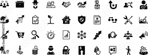 A comprehensive collection of diverse black and white flat vector icons for business and technology