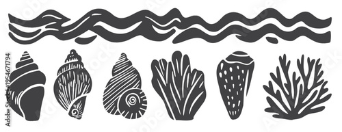 Black seashell and coral collection: vector linocut set of marine shells, conch and ocean waves. Monochrome hand-drawn illustration with silhouette elements, nautical maritime isolated on white