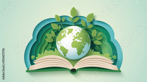 Eco friendly education concept with globe on open book and green leaves on blue background