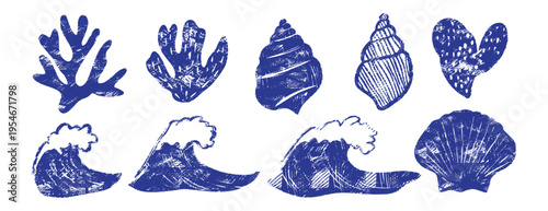 Vintage linocut set featuring sea waves, corals, and shells. Hand-drawn woodcut illustration isolated on white. Textured marine elements for nautical summer design and coastal decor