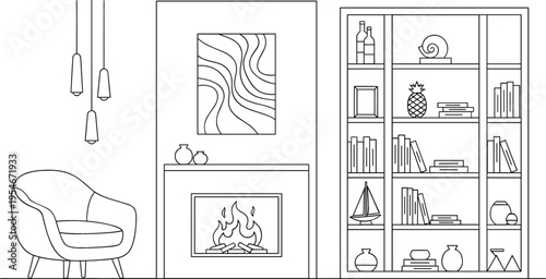 Cozy living space with fireplace armchair pendant lights and bookshelf decor in elegant minimal line art illustration