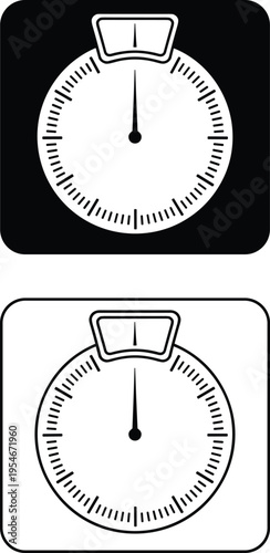 Minimalist stopwatch illustration, black and white timer design, zero starting point concept, countdown measurement, time tracking artwork