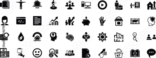 A comprehensive set of diverse black and white icons representing various business and tech concepts