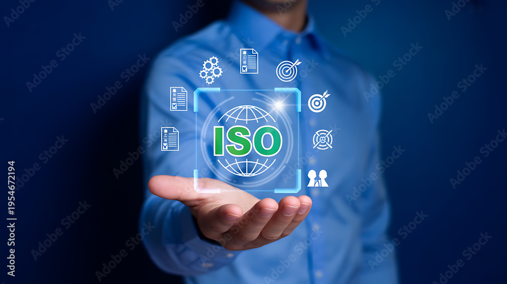 Fototapeta premium ISO certification quality management system concept with digital business interface