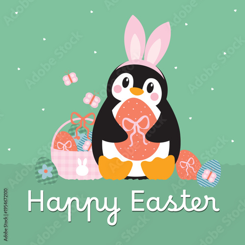 Cute Penguin with Bunny Ears and Easter Eggs for Happy Easter