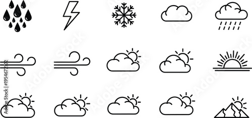 Weather icon set illustration, rain, thunderstorm, snowflake, cloud, wind, sun, sunrise, mountain, meteorology forecast symbol vector design