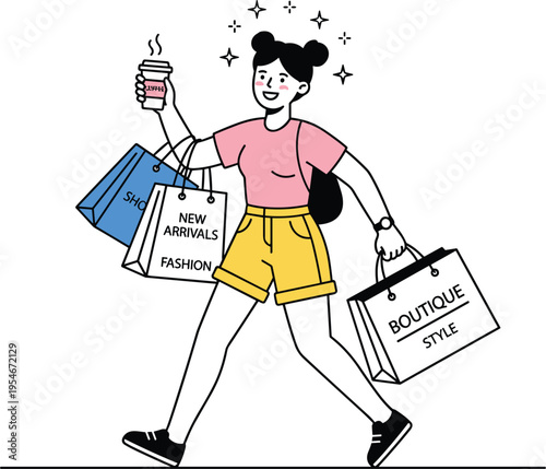 Happy young woman walking with many shopping bags and coffee cup celebrating fashion boutique purchases vector illustration